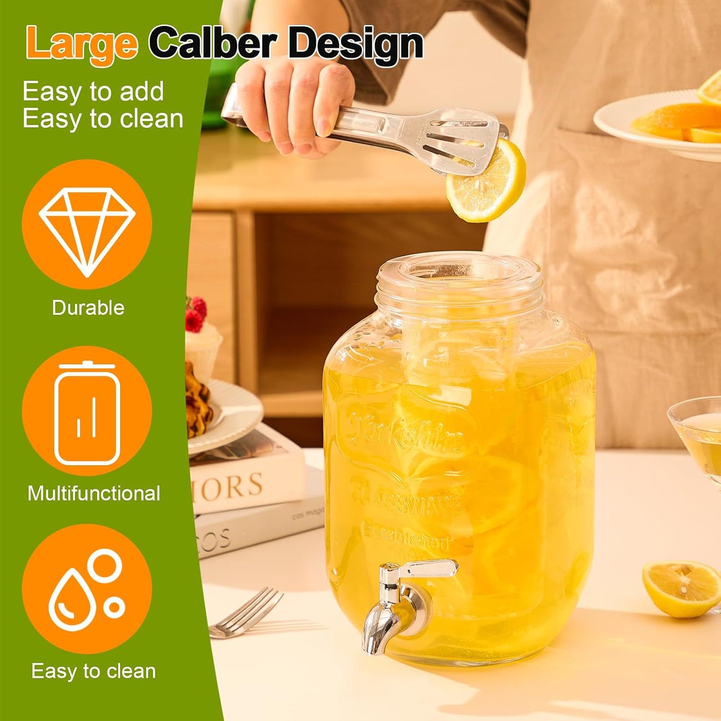 1 Gallon Glass Drink Dispensers for Parties, 2 Pack Beverage Dispenser with Stand, Fruit Infuser & Leakproof Stainless Steel Spigot, Juice Dispenser for Lemonade, Iced Tea, Sun Tea & Infused Water