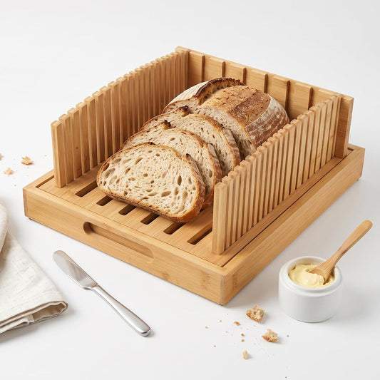 OTraki Bamboo Bread Slicer with Adjustable Guide, 10.5" Bread Cutting Board
