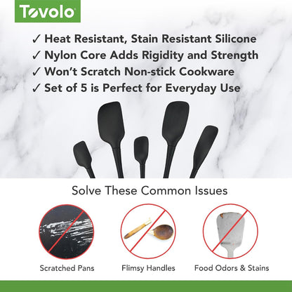 Tovolo Flex Core 5 Piece Silicone Spatula Set Heat Resistant All Silicone Utensils Include Non Stick Spatula Spoonula Jar Scraper, Dishwasher Safe BPA Free Spatulas for Baking Mixing, White