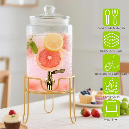 Glass Drink Dispensers For Parties, 1.5 Gallon Beverage Dispenser With Glass Airtight Lids, Gold Metal Stand And Stainless Steel Spigot. Lemonade & Juice Dispenser With Chalk board-One Pack