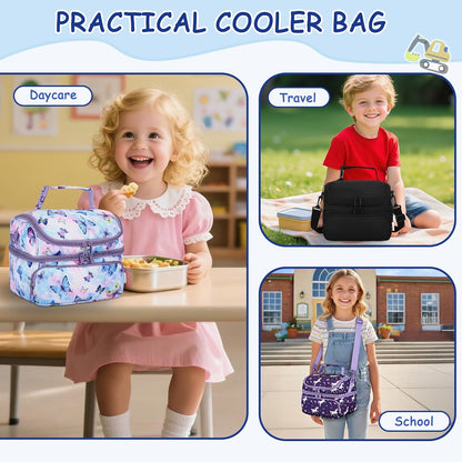 Kasqo Lunch Bag Kids, Dual Compartment Insulated Cooler Bag 7.5L Girls Boys Toddler Lunch Box Containers for Daycare School Kindergarten Travel Ombre Butterfly