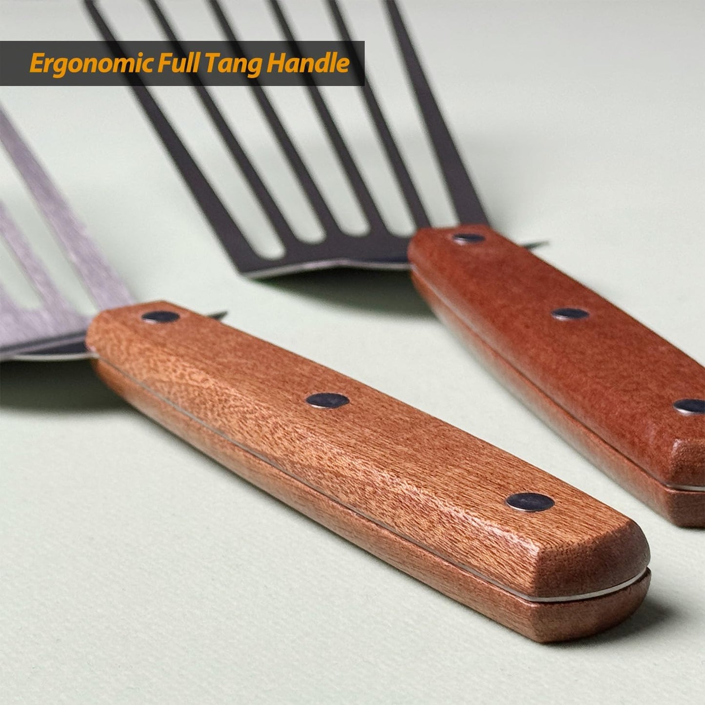 2 Pack Fish Spatula Turner, Stainless Steel Slotted Spatulas for Flipping, Turning, Frying & Grilling, 3"x6"+4"x8" Metal Slotted Spatulas, Wooden Full Tang Handle & Curved Blade
