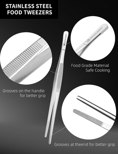 Set of 3 Kitchen Tweezers Fine Tweezer Tongs, MSY BIGSUNNY Stainless Steel Food Tweezers, Precision Serrated Tips Food Tongs (8.5" 10" and 12")