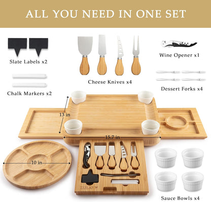 Zulay Kitchen Premium Bamboo Charcuterie Board - Extra Thick Bamboo Board with 4 Piece Knife Set - Perfect for Charcuterie, Wine and Cheese
