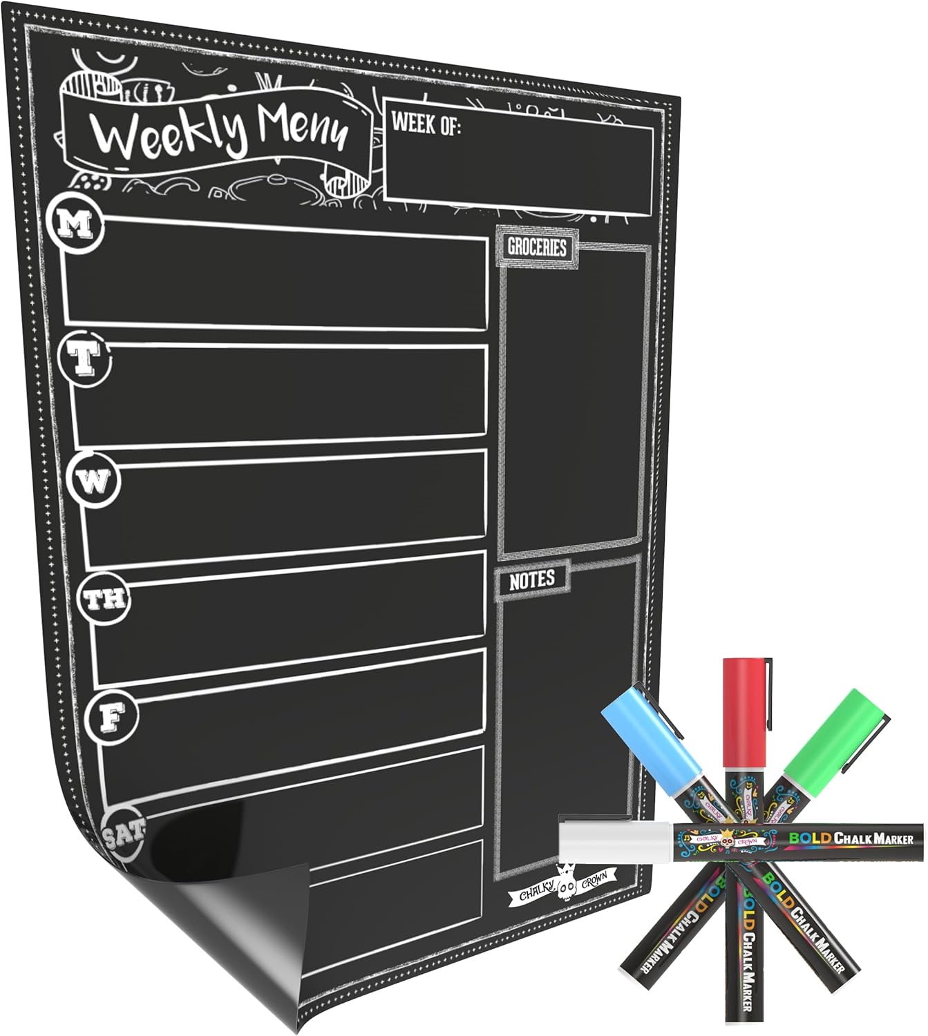 CHALKY CROWN Acrylic Magnetic Weekly Planner for Fridge - Menu Board for Kitchen with 8 Magnetic Markers - Weekly Meal Planner for Fridge with Grocery List & Notepad - Menu Planner (14.5x10.2)