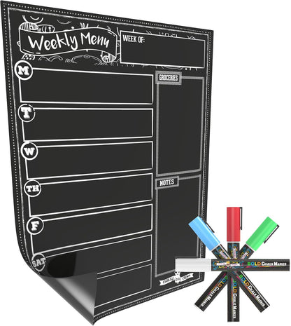 CHALKY CROWN Acrylic Magnetic Weekly Planner for Fridge - Menu Board for Kitchen with 8 Magnetic Markers - Weekly Meal Planner for Fridge with Grocery List & Notepad - Menu Planner (14.5x10.2)