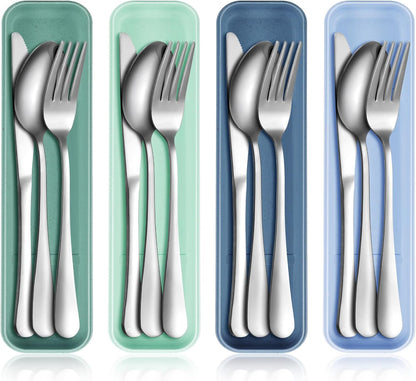 Yinkin 4 Pack Portable Travel Utensils Set with Case Reusable Stainless Steel Silverware Flatware Camping Cutlery Include Fork Spoon Knife for Work School Dishwasher Safe(White, Green, Red, Black)