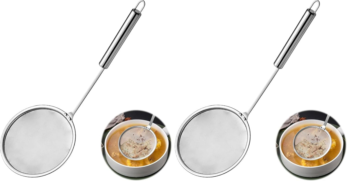 Stainless Steel Fat Skimmer Spoon 4”Multi-Functional Fine Mesh Hot Pot Grease Strainer with 9.4” Heat-Resistant Handle For Frying, Soup, Quinoa, Miso