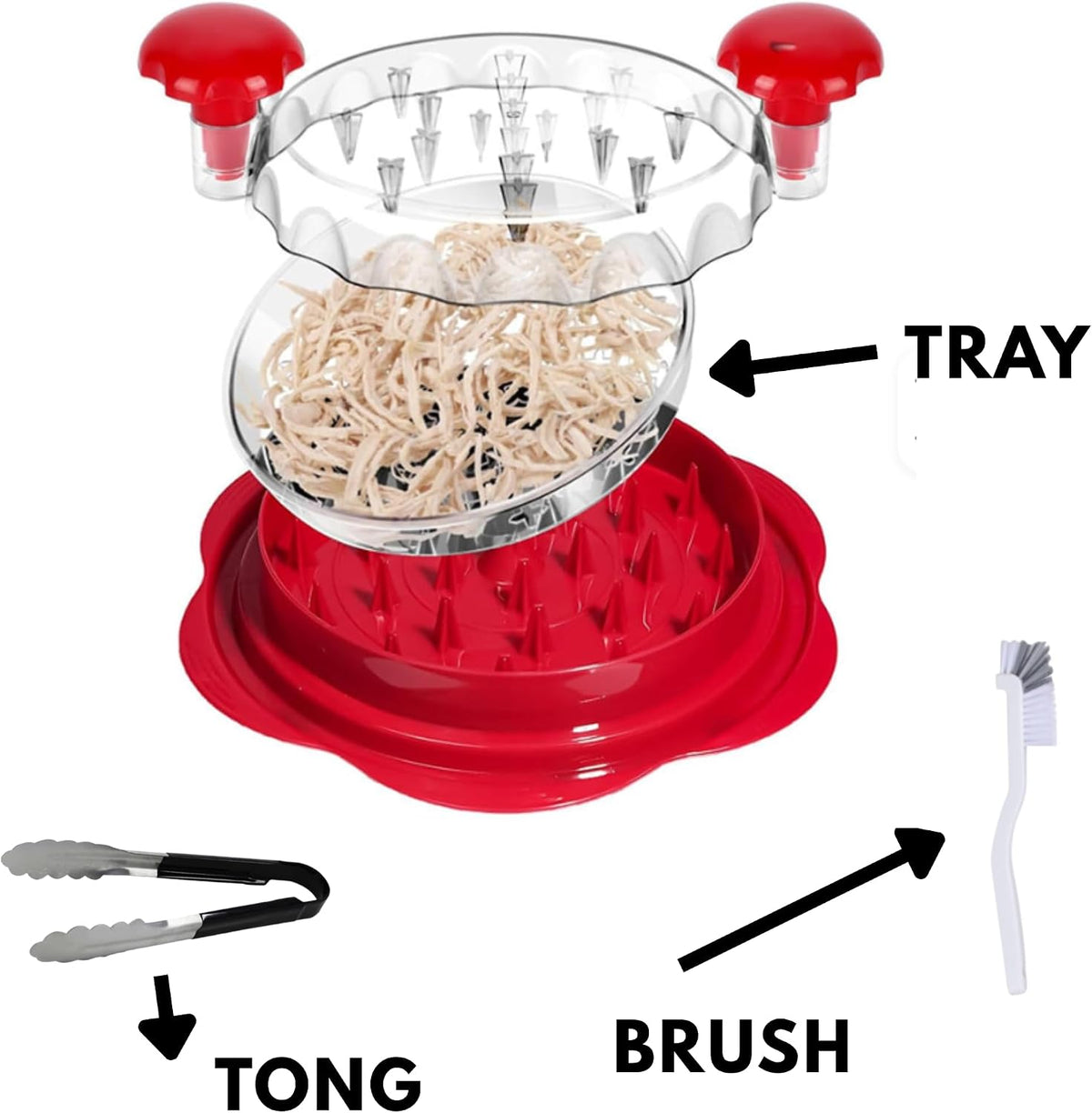 Upgraded 5-in-1 Large Chicken Shredder with Cleaning Brush & Tong 10'' Pro Chicken Shredder Tool Twist Large Stable Anti-Slip Ergonomic Handle Removable Tray Dishwasher Safe, BPA Free