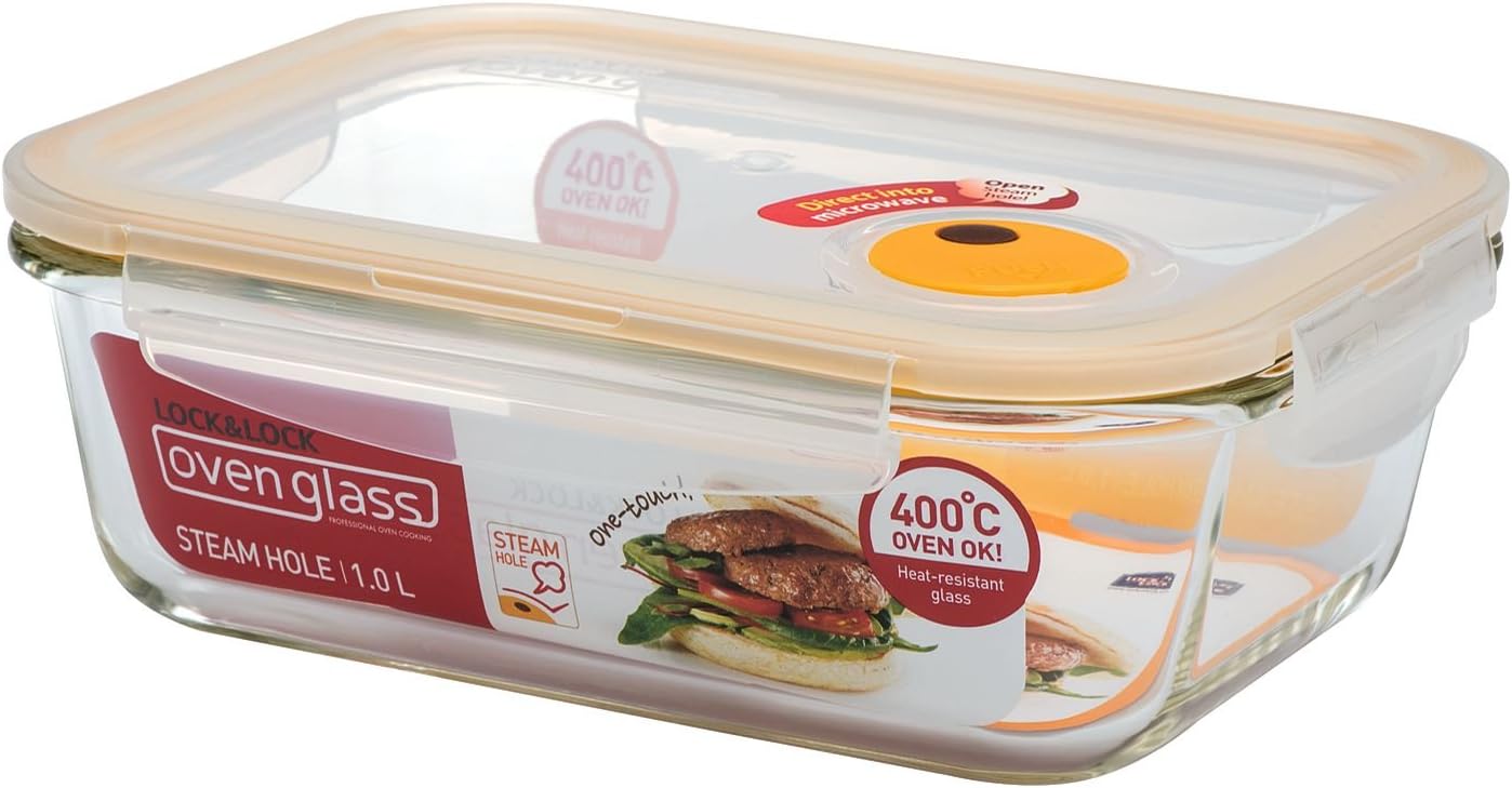 LOCK & LOCK Ovenglass Heat Resistant Glass Round Food Storage Container with Steam Vent, 32.12-oz / 4.02-cup