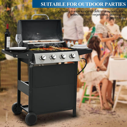 3-Burner Propane Gas Grill, 30,000 BTU Stainless Steel Outdoor BBQ Grill with Lid, Side Shelves & Wheels for Patio, Garden and Backyard Cooking