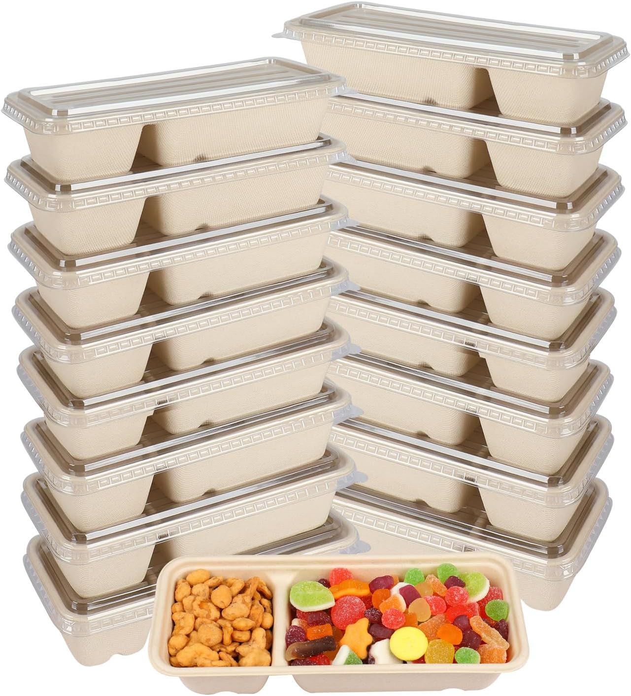 16oz disposable 3 compartments Sugarcane Fibers bowls with lid take away food containers Meal Prep Bowls 25 Pack