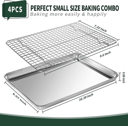 Jelly Roll Pan with Cooling Rack Set [2 Baking Pans + 2 Baking Racks], CEKEE Stainless Steel Baking Sheet Tray with Wire Rack Set, Commercial Quality, Rust Proof & Nonstick, Size 15.94 x 12 x 1 Inch
