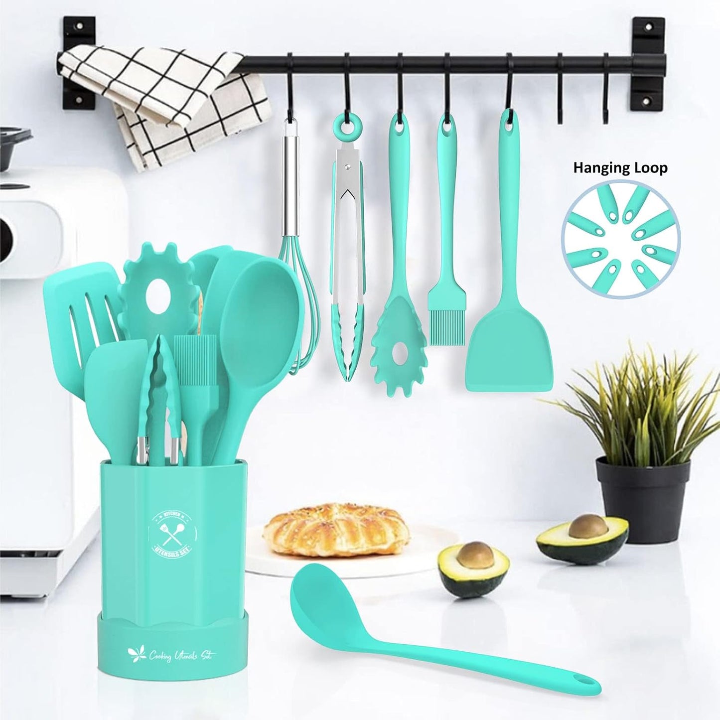 Silicone Kitchen Utensils Set, 16-Piece Silicone Cooking Utensils by Deedro, Heat Resistant Kitchen Tools Set with Holder, Nonstick Spatula Kitchen Gadgets for Cooking & Baking, Colorful