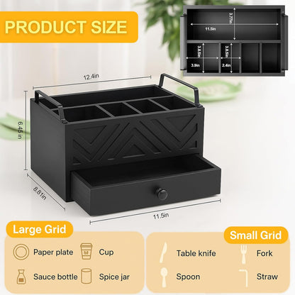 Paper Plate Dispenser with Drawer, country style Wood Kitchen Counter, Picnic, Party, Camping - Caddy Organizer for Cups, Spoons, Forks, Plates, office supplies, Napkins & Silverware