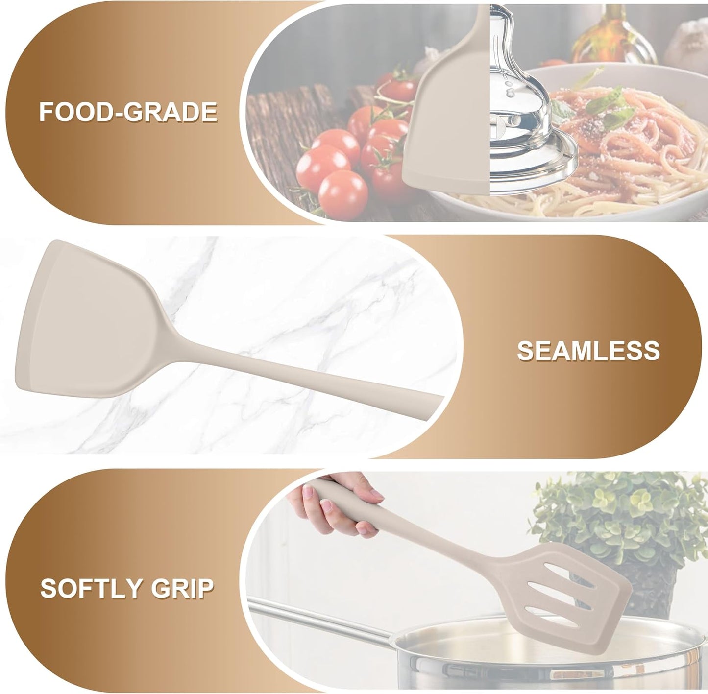 TeamFar Silicone Cooking Utensils Set, 5-Piece Heat Resistant Kitchen Utensils Set, Nonstick Slotted Solid Spoon Turner Pasta Server for Frying, Serving, Mixing, Non-Toxic & Dishwasher Safe, Black
