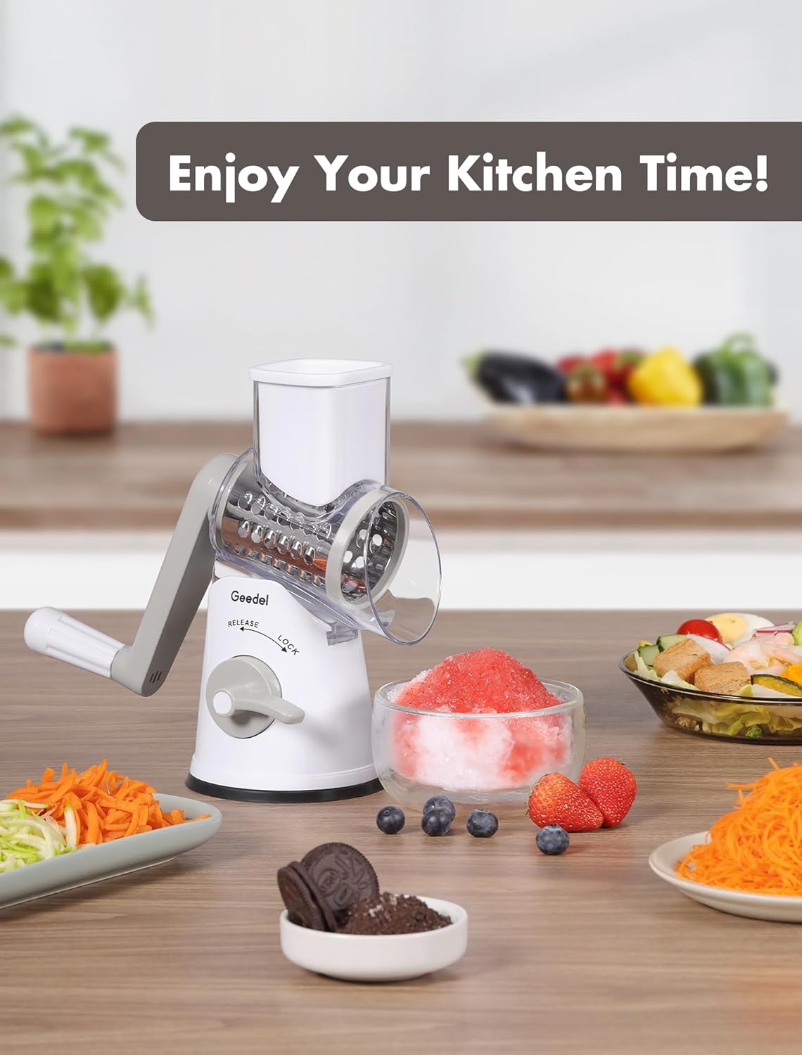 Geedel Rotary Cheese Grater, Kitchen Mandoline Vegetable Slicer with 3 Interchangeable Blades, Easy to Clean Rotary Grater Slicer for Cheese, Vegetables, Nuts