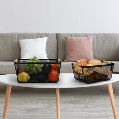 Wire Basket, 3 Pack Metal Mesh Pantry Basket with Wooden Handle for Organizing, 3 Sizes Black Wire Steel Bins Pantry Organizers and Storage, Kitchen Fruit Containers for Shelves Cabinets Organization