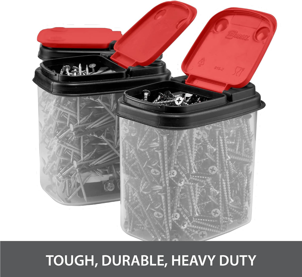 Buddeez Multi-Purpose Hardware Storage Bins Bits and Bolts Small Storage Containers, Hardware Organizers, Clear Containers With Blue Stackable Lids, Bolt and Screw Organizer (1 Quart - 8 Pack)