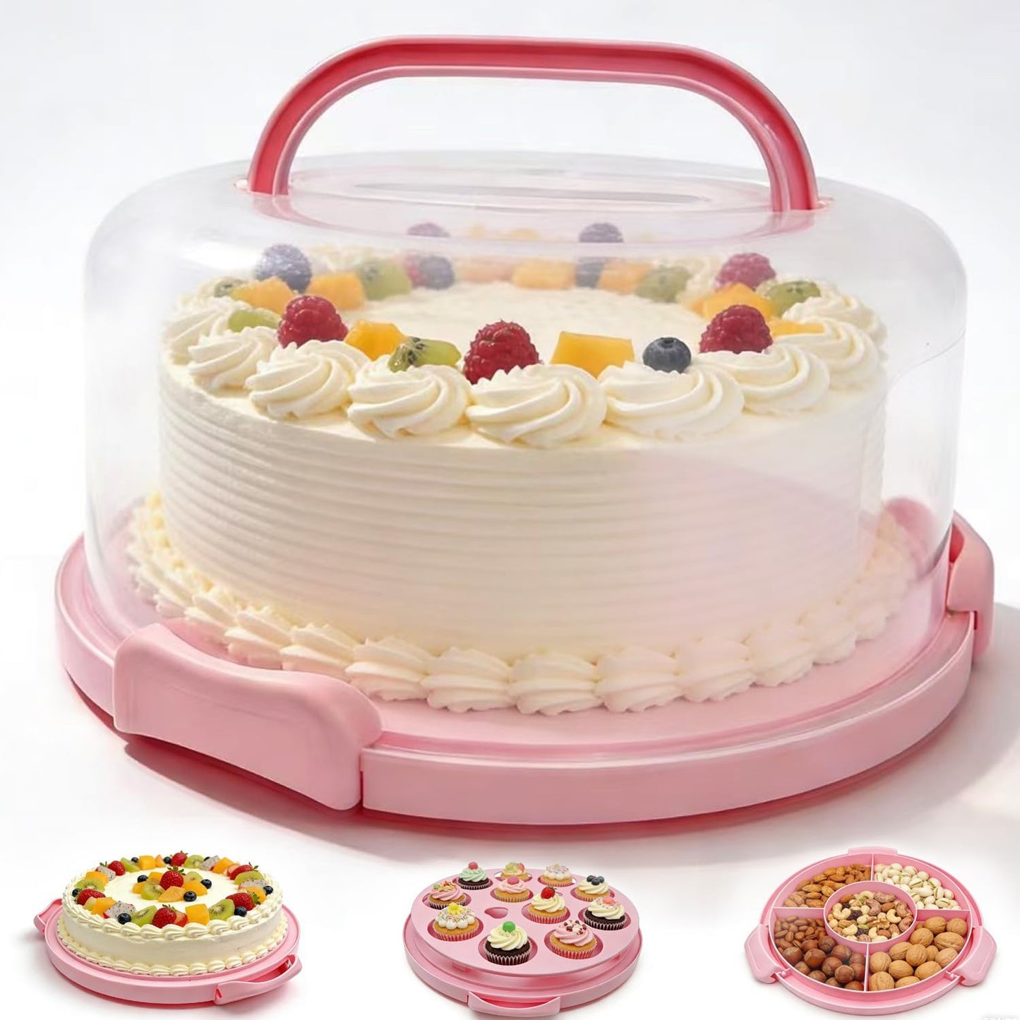 GIEHOUGRIO 10 inch Cake Carrier with Lid and Handle, 3 in 1 Multipurpose Plastic Cupcake Holder & Plastic Cover Two Sided Base for New Year, Christmas, Party, Various Holidays- Easy Transport (Pink)
