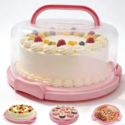 GIEHOUGRIO 10 inch Cake Carrier with Lid and Handle, 3 in 1 Multipurpose Plastic Cupcake Holder & Plastic Cover Two Sided Base for New Year, Christmas, Party, Various Holidays- Easy Transport (Pink)