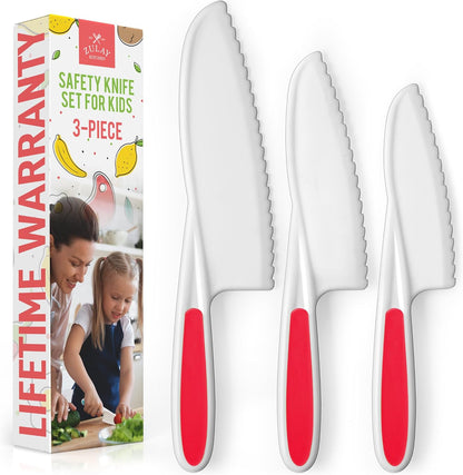 Zulay Kitchen 3-Piece Kids Knife Set for Real Cooking & Baking - Toddler Knives for Cutting Fruits, Veggies, & Cake - Children’s Montessori Knive with Serrated Edges - Safe & Fun Lettuce Knife (Red)
