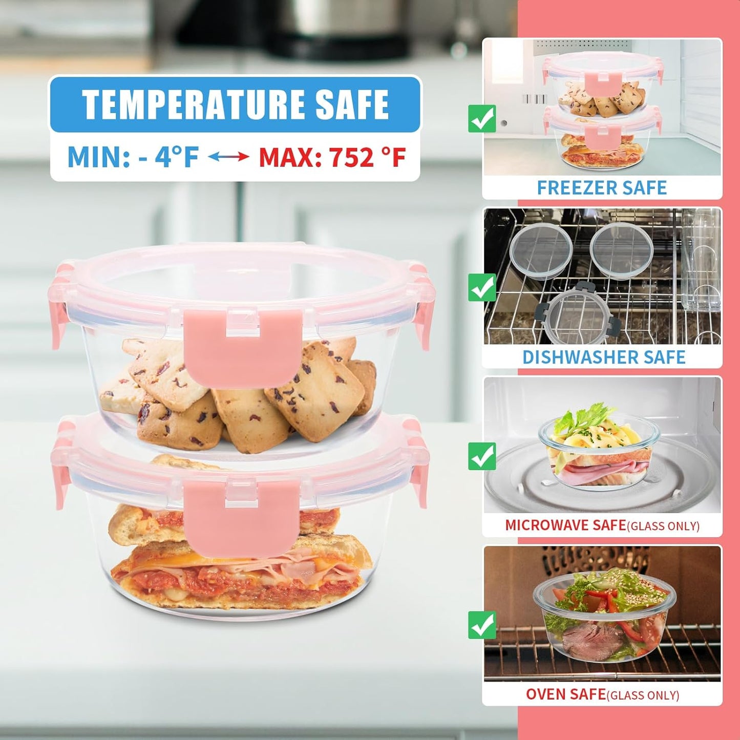 GULFLIN 12 Pack 22oz Glass Meal Prep Containers, Food Storage Containers with Lids, Air-Tight, Leak-Resistant, Freezer to Microwave Safe - Grey Set