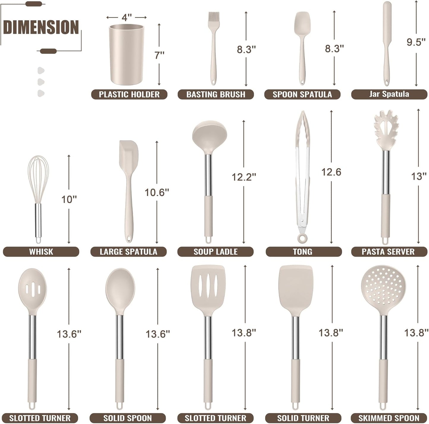 E-far 14 Pieces Silicone Cooking Utensils Set, Kitchen Utensils Set with Holder, Spatula, Ladle, Spoon, Tong, Slotted Turner for Nonstick Cookware, Heat Resistant & Stainless Steel Handle, Black