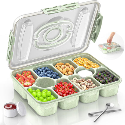 Snackle Box Container - Dishwasher Safe Divided Serving Tray with Lid and Handle for Fruits, Charcuterie, Nuts and Candy, Snack Containers Perfect for Travel Party Picnic, 1 Pack Green
