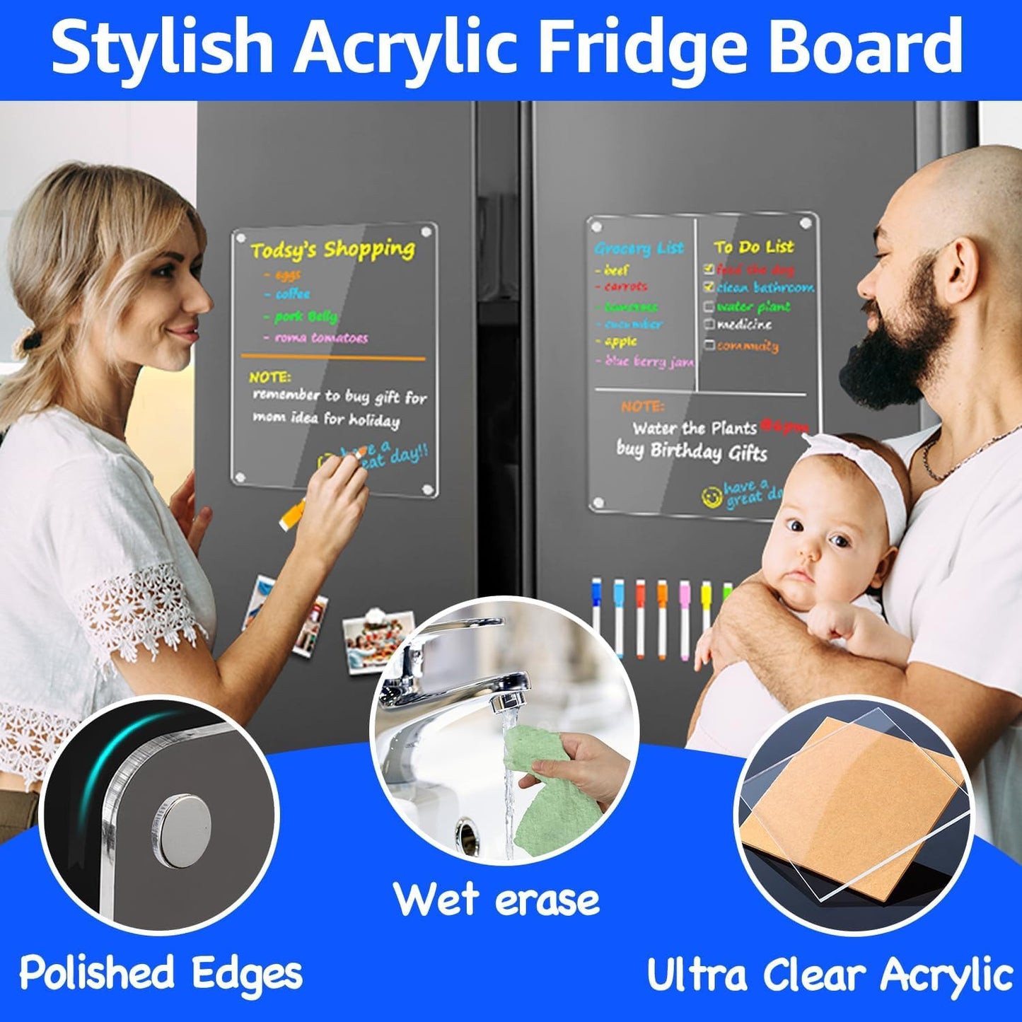 PigPotParty Acrylic Magnetic Chore Chart for Adults, 12x9.5 Inch Clear Dry Erase Chore Board for Fridge, Daily Weekly and Notes Sections, Pre-Installed Embedded Magnets, 8 Fine-tip Markers and Towel