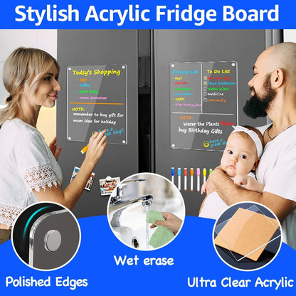 PigPotParty Acrylic Magnetic Chore Chart for Adults, 12x9.5 Inch Clear Dry Erase Chore Board for Fridge, Daily Weekly and Notes Sections, Pre-Installed Embedded Magnets, 8 Fine-tip Markers and Towel