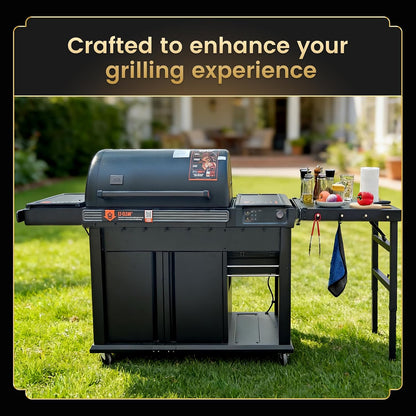 QuliMetal Folding Front Shelf for Traeger Pro 34, Texas Elite 34, Century 885 and Eastwood 34, 37" x 12" Heavy-Duty Grill Prep Table with Cutting Board, Stainless Steel Basin, Lid and 5 Hooks