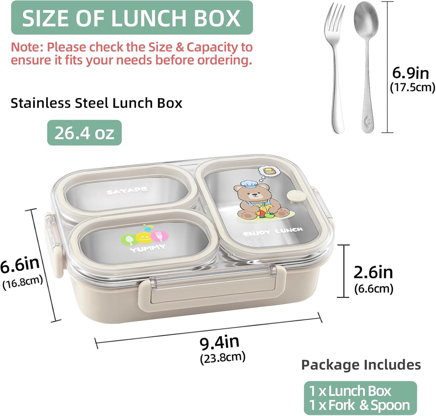 SAYAPE Stainless Steel Bento Lunch Box for Kids, 26.4 oz Leak-Proof 3-Compartment Metal Bento Box, BPA-Free, Cute Cartoon Meal Prep Snack Container with Utensils for School, Office, Travel - Beige