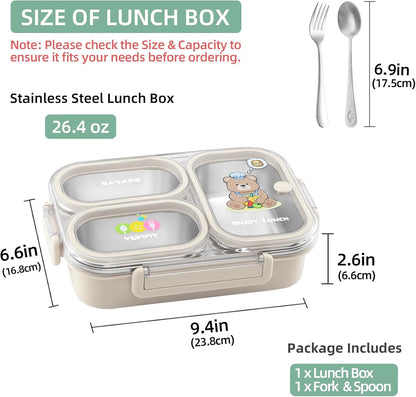 SAYAPE Stainless Steel Bento Lunch Box for Kids, 26.4 oz Leak-Proof 3-Compartment Metal Bento Box, BPA-Free, Cute Cartoon Meal Prep Snack Container with Utensils for School, Office, Travel - Beige