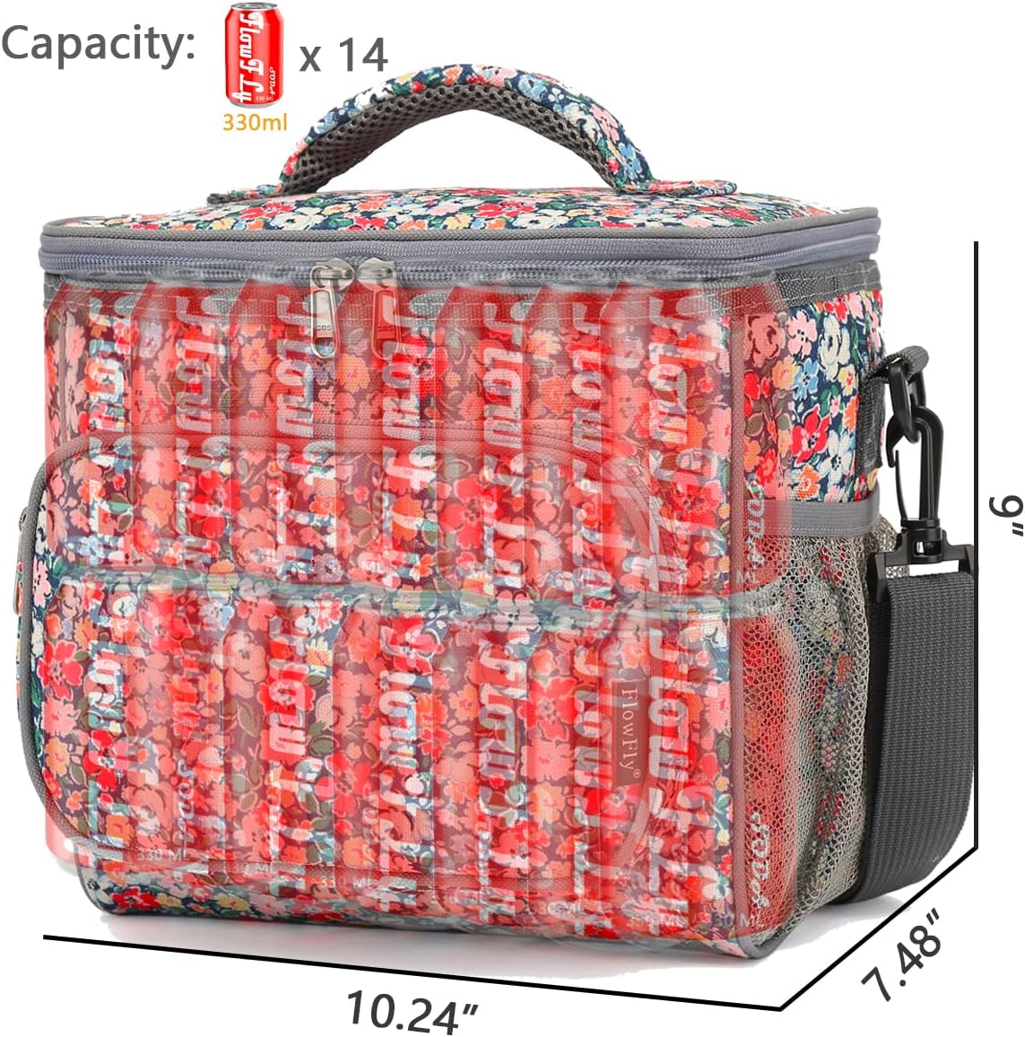 FlowFly Insulated Reusable Lunch Bag Adult Large Lunch Box for Women and Men with Adjustable Shoulder Strap,Front Zipper Pocket and Dual Large Mesh Side Pockets,Cherry - Colors A