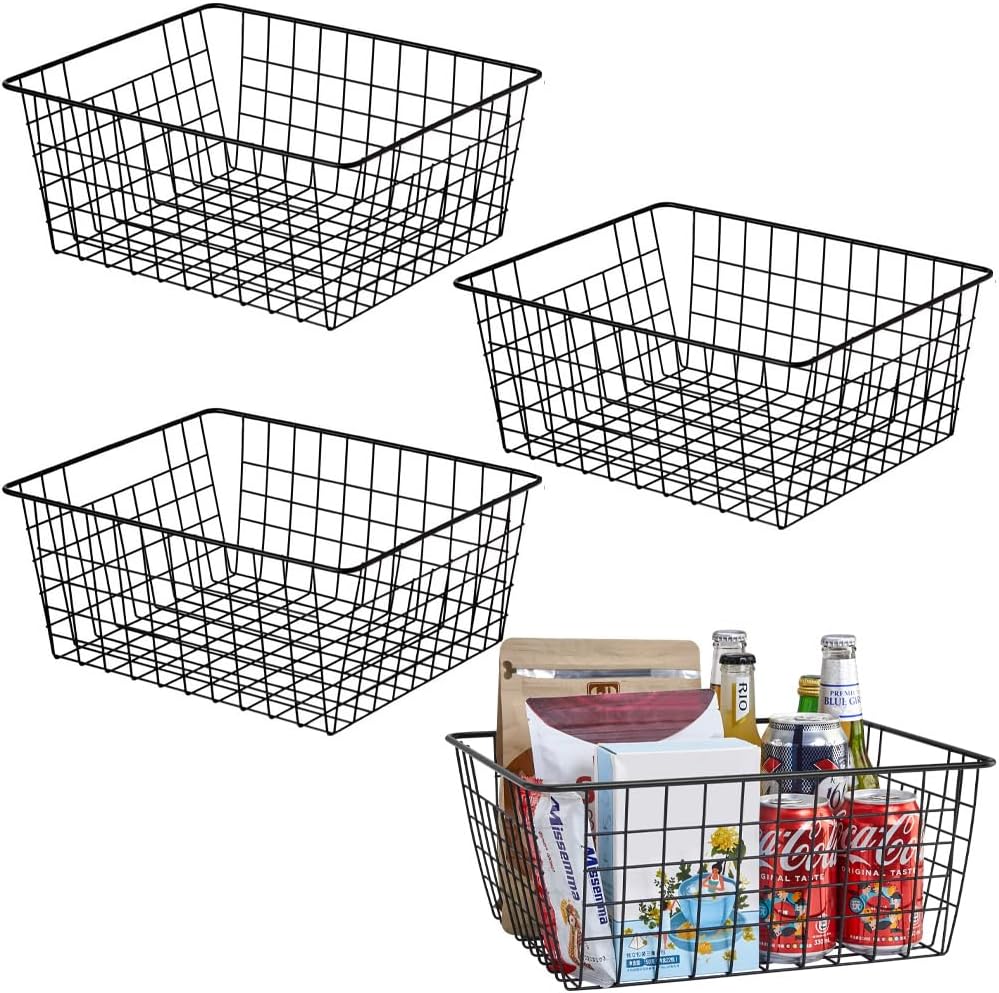 Kitchen Wire Baskets Farmhouse Decor Metal Food Storage Organizer,Household Refrigerator Bin with Built-in Handles for Cabinets, Pantry, Bathroom,2 Packs(white)