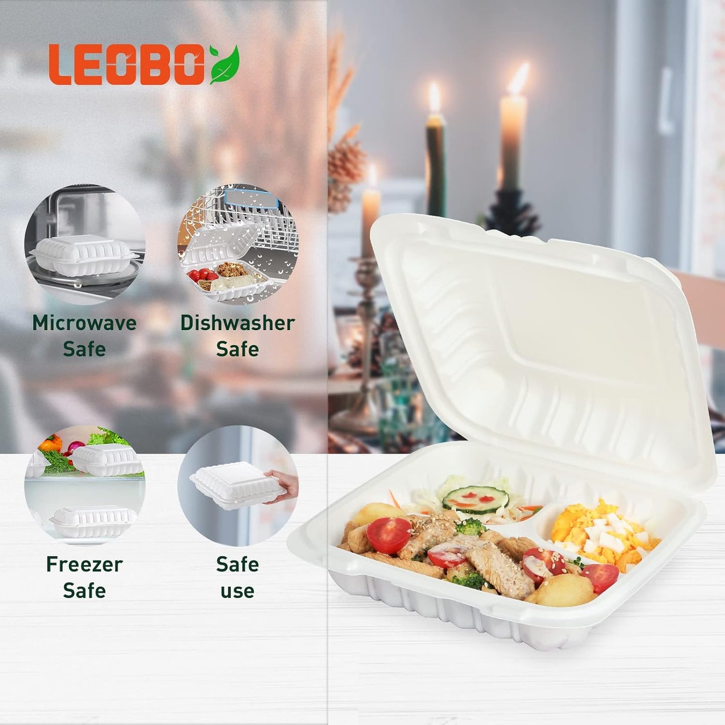 Takeout Container Mineral Filled PP Plastic - 7.8 Inch 30oz 65 Pack BPA Free 3 Compartments Shrink Wrap Bento Box | Freezer & Microwave Safe for Picnic | Black Reusable & Disposable Containers