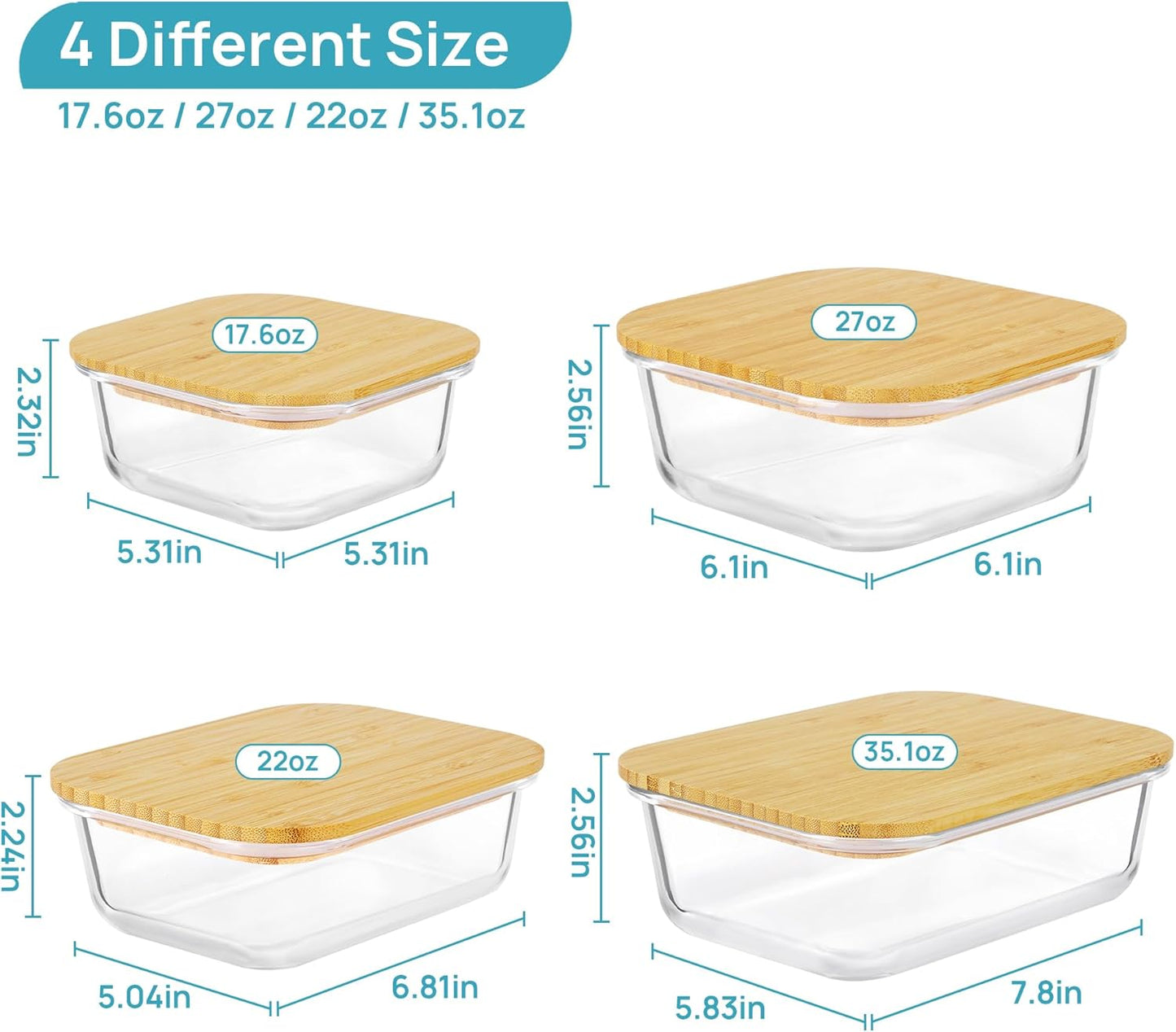 Vtopmart 5 Pack 35oz Glass Containers with Bamboo Lids, Meal Prep Food Storage Containers, BPA Free, Microwave & Dishwasher Safe