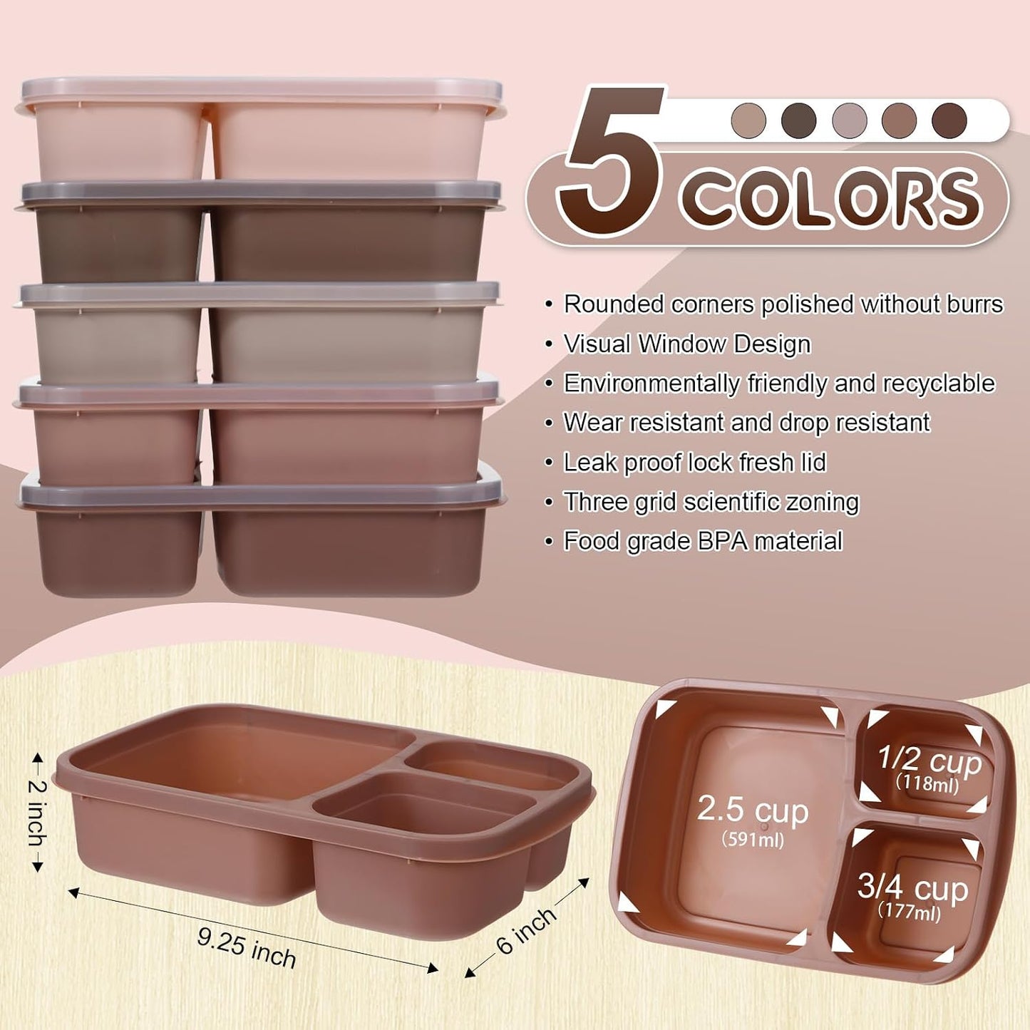 Honeydak 5 Pack Snack Containers 3 Compartment Bento Snack Boxes Divided Meal Prep Containers with Lids Reusable Adults Lunch Food Storage Box for School Work Travel(Elderberry)