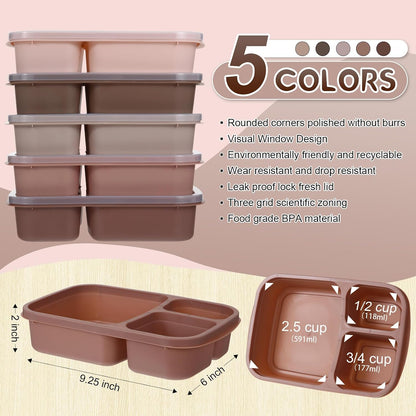 Honeydak 5 Pack Snack Containers 3 Compartment Bento Snack Boxes Divided Meal Prep Containers with Lids Reusable Adults Lunch Food Storage Box for School Work Travel(Elderberry)