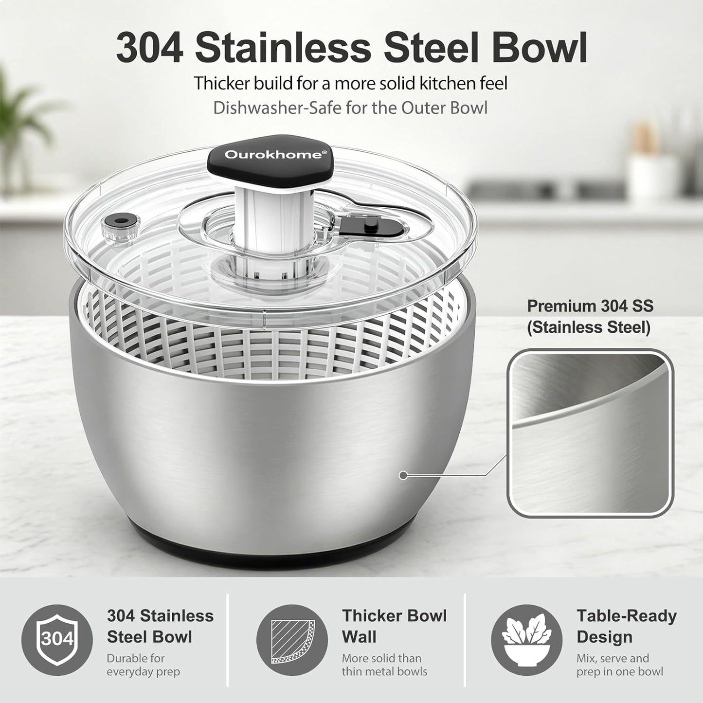 Ourokhome 6.3 QT Stainless Steel Salad Spinner, Large Lettuce Spinner with One-Hand Press Pump, Brake Button, Non-Slip Base and Retractable Handle, Vegetable Washer & Dryer for Greens, Fruits and Herb