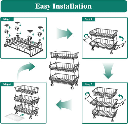 Giwil 3-Tier Rolling Pantry Organizers with Wheels, Stackable Wire Basket for Kitchen Pantry Shelves, Vegetable Storage Rack Pantry Cart for Snack Fruit Onion Potato, Black
