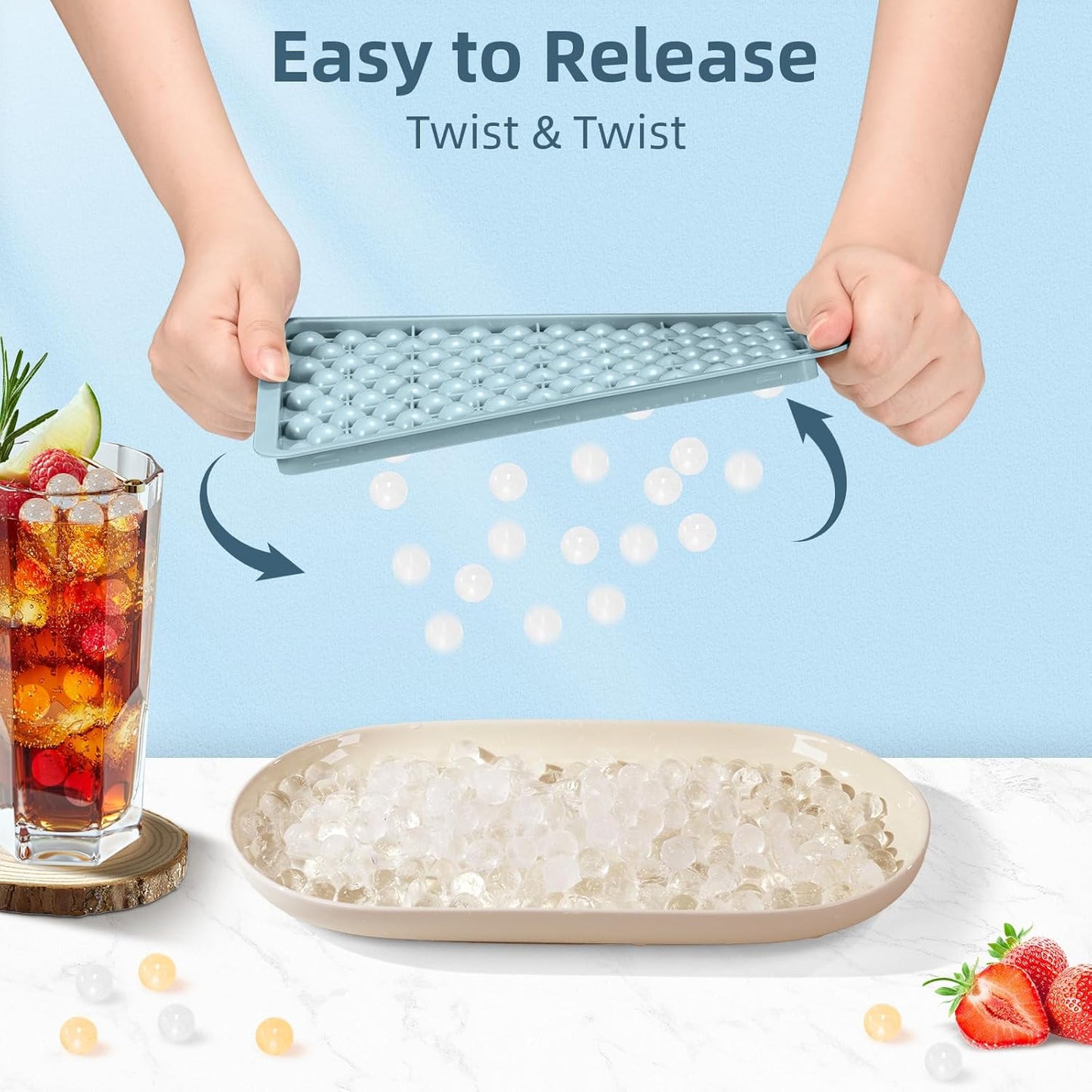 WIBIMEN Mini Ice Cube Trays, 0.55” Tiny Pebble Ice for Iced Coffee & Cocktails, Fast Chill, Easy Twist Release, Stackable with Lid & Storage Bin (2 Pack, Blue)