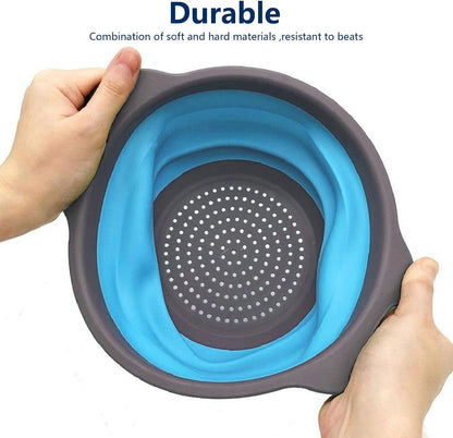 Collapsible Colander Set of 3, Space-Saving Silicone Strainers with Handles, Heat Resistant Food Draining Baskets for Vegetables, Fruits, Pasta, Kitchen, RV & Camping Use (Blue)