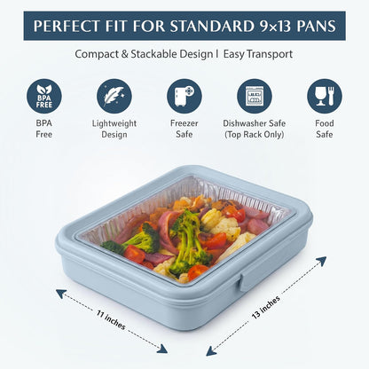 9x13 Pan Carrier with Aluminum Foil Pan – Insulated Food Carrier for Casseroles, Lasagna & Hot/Cold Dishes, Decorative Tabletop Serving Container with Lid for Parties, BBQ, Catering, Travel & Potlucks