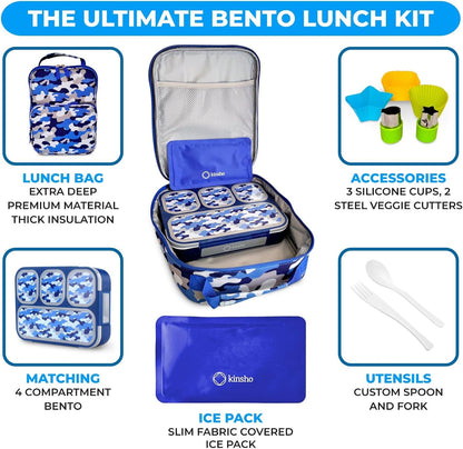 Camo Lunch Box for Boys, Bento-Box with Insulated Bag Ice Pack and Accessories, Set for Kids, Insulated Thermal Bag for School, Container Boxes for Big Kid Tween Adult Lunches, Blue Black Camouflage