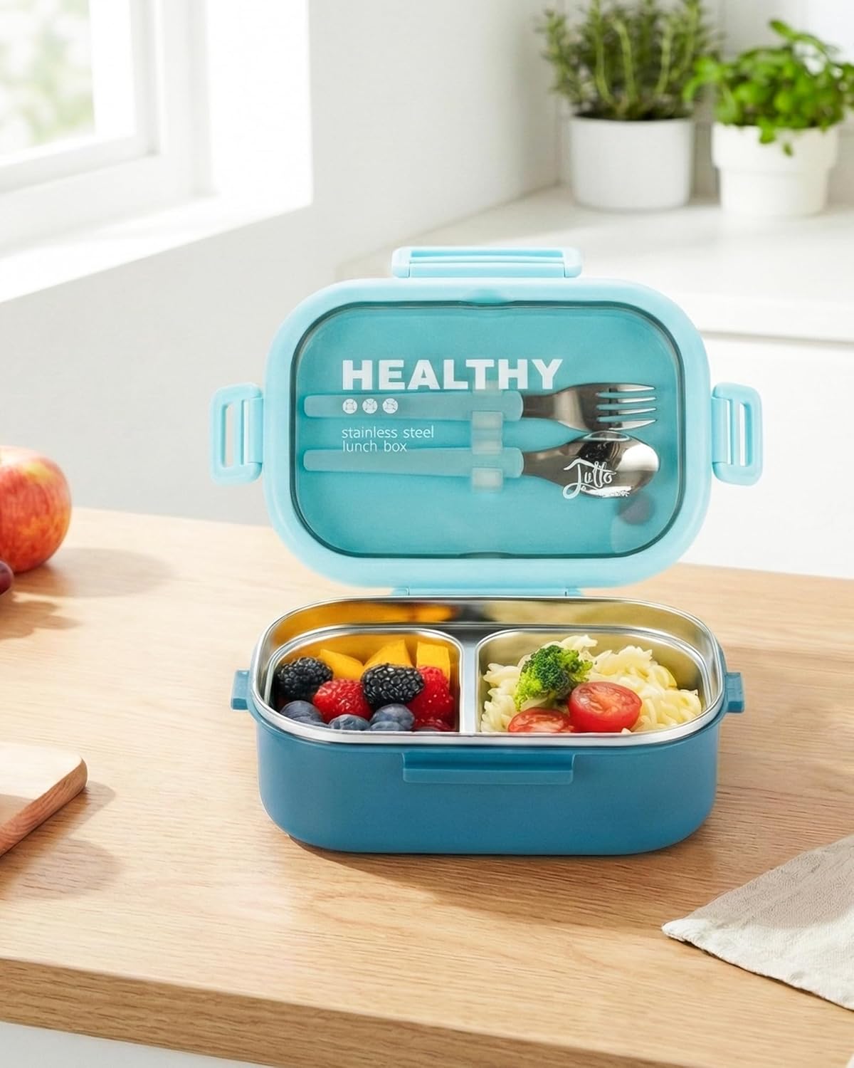 Lille Home 28oz Stainless Steel Leakproof 2-Compartment Bento Lunch Box/Portion Control Food Container with Lunch Bag and Cutlery Set, BPA Free (pink)