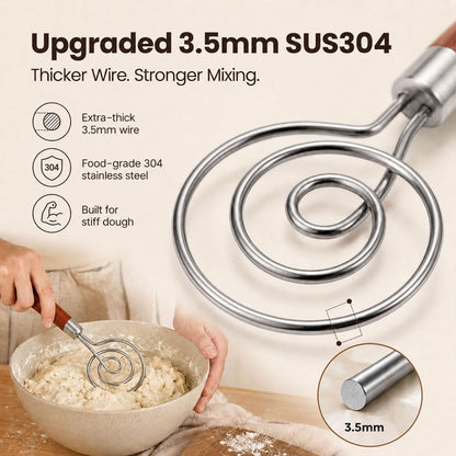 Danish Dough Whisk, 304 Stainless Steel Hook Bread Mixer for Sourdough