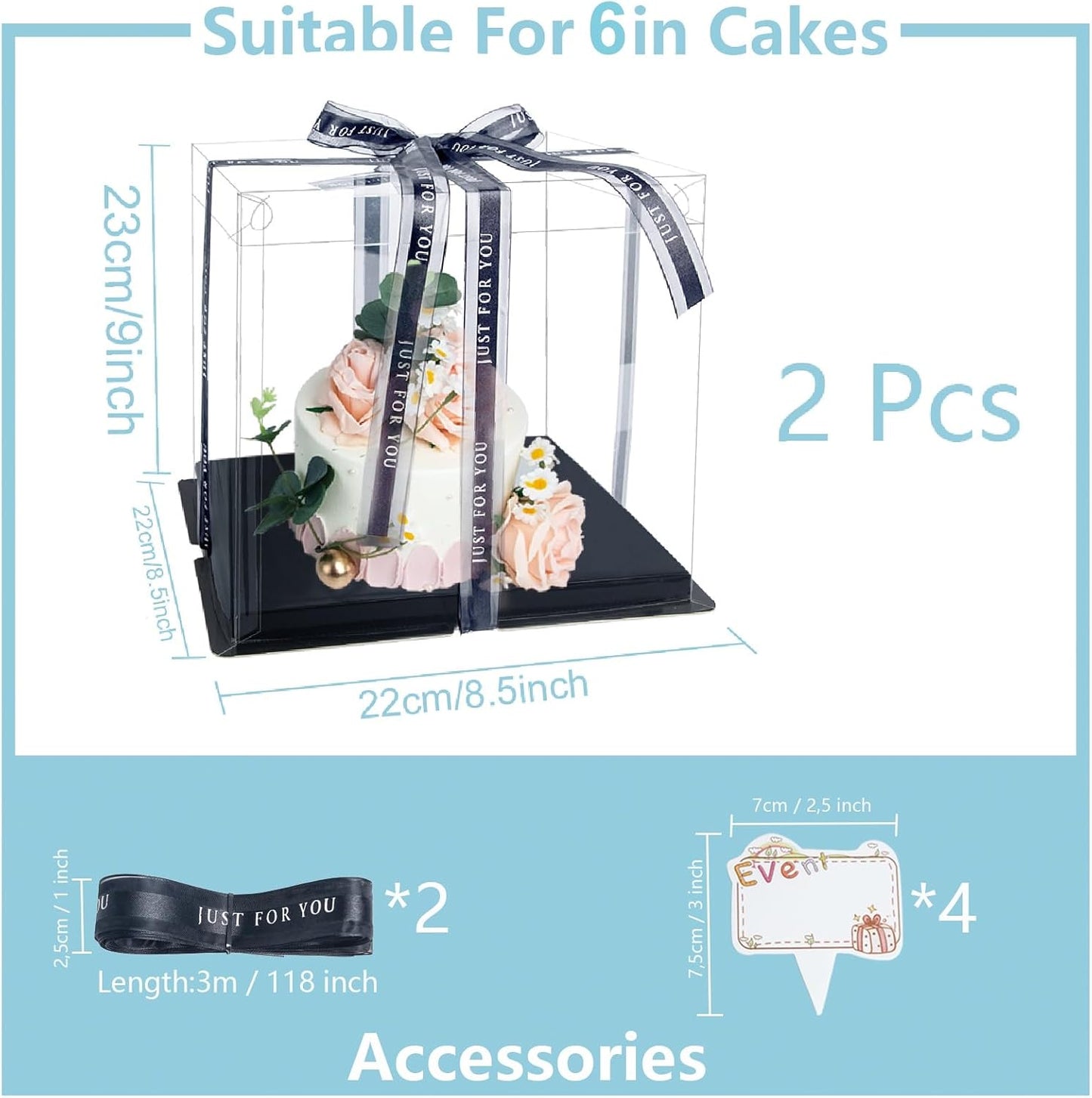 Clear Cake Box, 2 Pcs Transparent Cake Carrier Box with Lids, 4in PET Packaging Boxes with Ribbon Gift Card for Pastries, Clear Gift Boxes for Birthday, Wedding and Festival Party, Black.