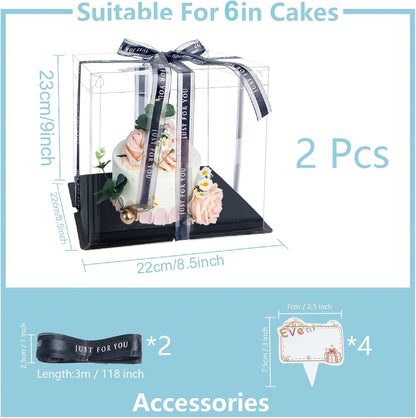 Clear Cake Box, 2 Pcs Transparent Cake Carrier Box with Lids, 4in PET Packaging Boxes with Ribbon Gift Card for Pastries, Clear Gift Boxes for Birthday, Wedding and Festival Party, Black.